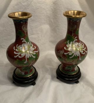 Vintage Chinese Cloisonne Enamel On Brass Vases With Chrysanthemum Motif