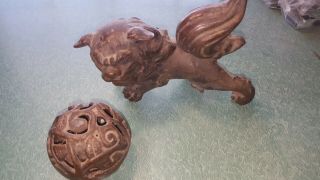 Vintage Cast Iron Foo Dog Chinese Guardian Lion Figurine W/ Ball Statue