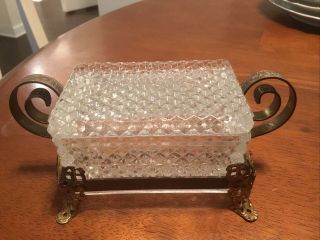 Vintage Footed Glass Brass Lided Trinket Box Jewelry Casket Very Old