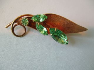 Vintage Gold Tone Leaf/ 4 Light Green Rhinestones Pin Brooch