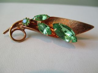 Vintage Gold Tone Leaf/ 4 Light Green Rhinestones Pin Brooch 2