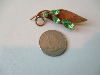 Vintage Gold Tone Leaf/ 4 Light Green Rhinestones Pin Brooch 3
