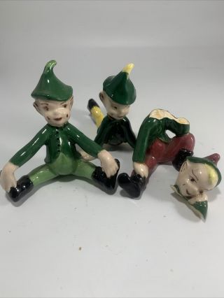 3 Vintage Ceramic Green Pixie Elf Figurine Black Boots Rough Shape