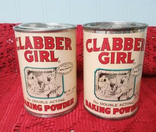 2 Vintage Advertising Pry Top Clabber Girl 10 Oz Baking Powder Tin Can