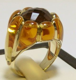 Vintage 925 Sterling Silver Amber Enamel Quartz Ring Size 6 Yellow Gold