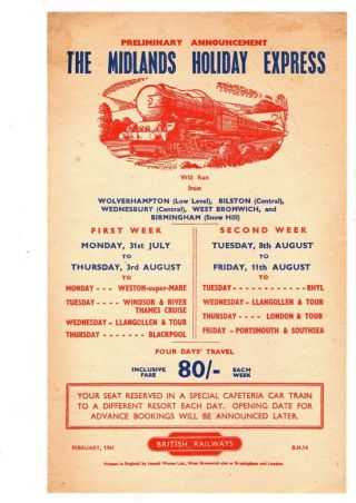 British Railways Leaflet Poster - Midlands Holiday Express,  1961.  B.  H.  14