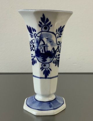 Vintage Handpainted Delft Blue Holland Windmill Floral Mini Bud Vase 5” Height