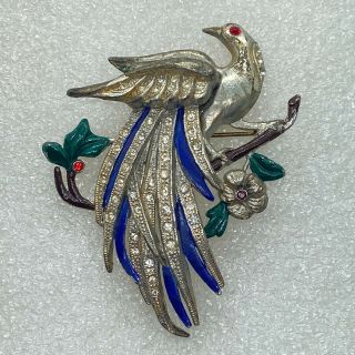 Vintage Bird Of Paradise Brooch Pin Rhinestone Enamel Pot Metal Costume Jewelry