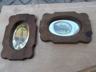 2 Vintage Rustic Wood Framed Mirrors W/print Picture Windmill Old House Woodsmen
