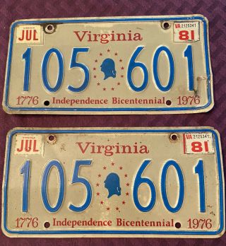 1976 Matching Pair Virginia License Plates Independence Bicentennial 105 - 601