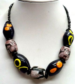 Stunning Vintage Estate Hand Painted Glass Bead 18 " Necklace 4016v