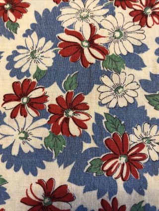 Vintage Full Feed Sack Red White Daisies Green Leaves Surrounded By Bright Blue