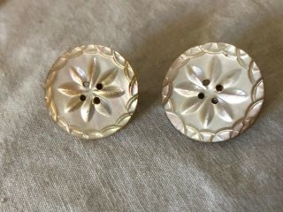 Vintage Earrings Mother Of Pearl 4 - Hole Buttons Clip On Backs Floral 1 " Diameter