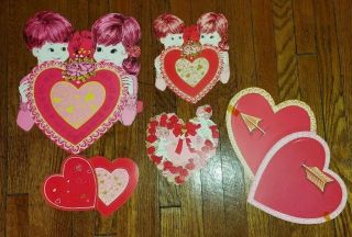 5 Vintage Valentine Die Cut Cardboard Decoration Cupid Boy Girl Heart Eureka