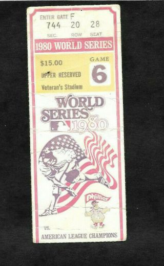 1980 World Series Game 6 Ticket Stub.  Philadelphia Phillies Vs.  Kc Royals