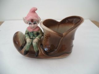 Vintage Ceramic Pixie Elf Fairy Figurine W/ Green Suit In Elf - Shoe Planter