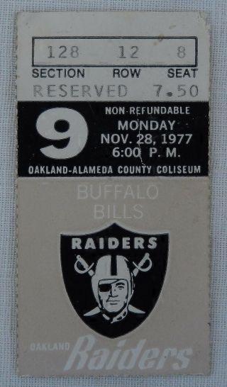 1977 Oakland Raiders Vs.  Buffalo Bills Ticket Stub