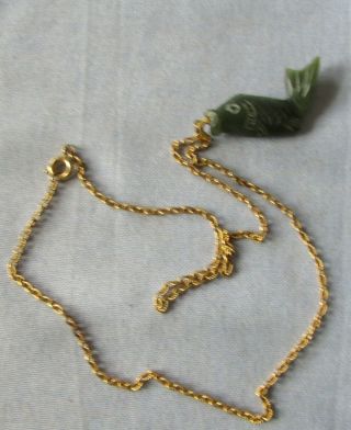 Vintage Spinach Jade Carved Fish Pendant With 19 In.  Chain