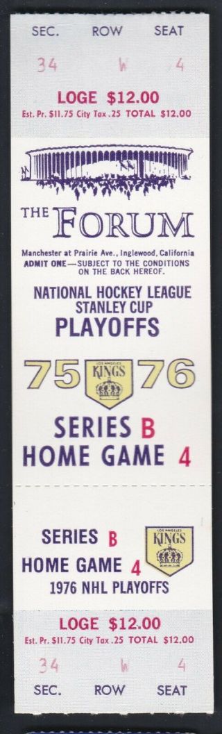 4/17/76 Los Angeles Kings Vs Boston Bruins Stanley Cup Playoffs Full Ticket Stub