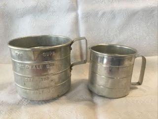 Set Of 2 Vintage Metal Tin Aluminum Measuring Cups W Handles - 2 Cups & 1 Cup
