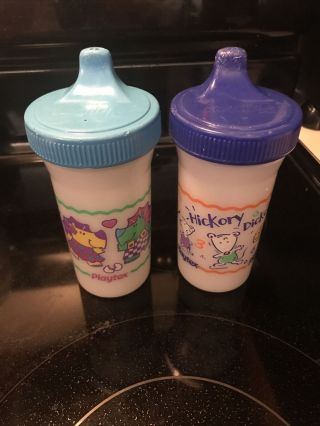 Vintage Playtex Plastic Sippy Cup Blue Lids Dinosaurs And Hickory Dickory