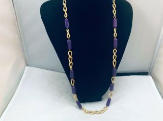 Vtg.  Monet Purple Rectangular Lucite & Gold Tone Chain Necklace