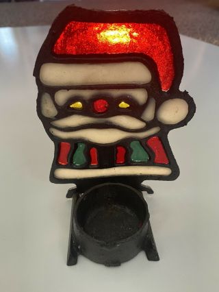 Vintage Stained Glass Cast Iron Santa Claus Votive Candle Holder Christmas
