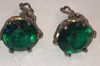 Vintage Large Green Faceted Stone Sterling Silver Clip Earrings