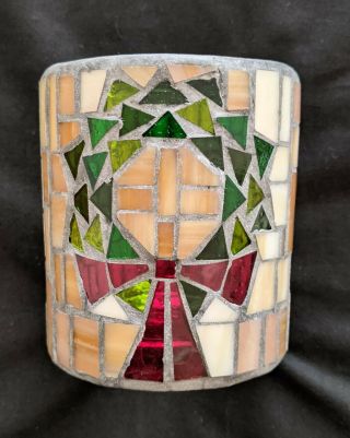 Vintage Christmas Stained Glass Hurricane Candle Holder W/green Wreath,  Red Bow