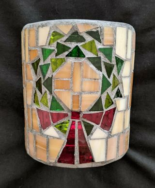 VINTAGE CHRISTMAS STAINED GLASS HURRICANE CANDLE HOLDER W/GREEN WREATH,  RED BOW 2