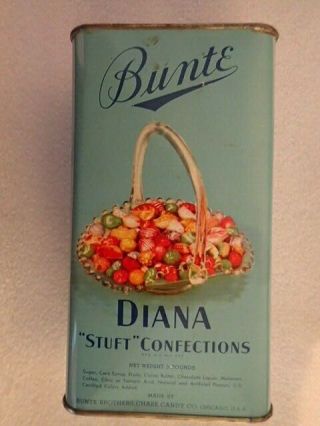 Vintage Blue Bunte Diana " Stuft " Confections Candy Tin/3 Pounds