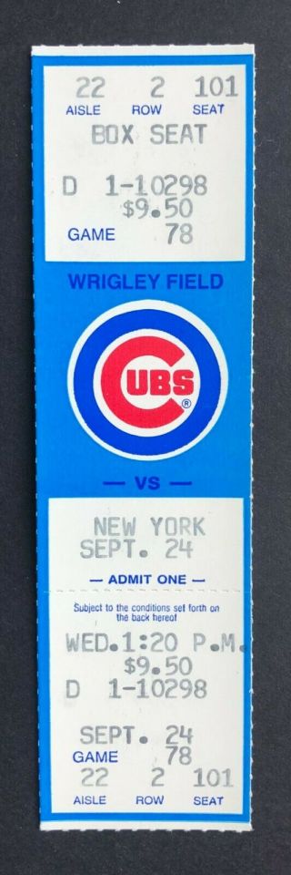 1986 York Mets Vs Chicago Cubs Ticket Stub 9/24/86 -