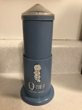 Vintage Blue Q - Tips Round Push Down Pop Up Cotton Swab Dispenser 1960 