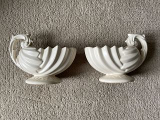 Vintage 1940’s Mccoy Pottery White Footed Shell Planter With Handle Pair