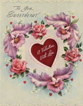 Vtg Satin Puffy Heart Valentine Card To Sweetheart Rust Craft 1947 Roses Irises