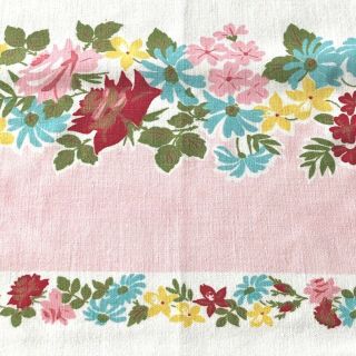Vintage 1950’s Tablecloth Pink Floral Roses Printed Kitchen 1950’s Blue