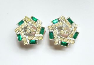 Vtg Sarah Coventry Silver Tone Green Clear Stone Clip On Earrings Signed 1 " H05
