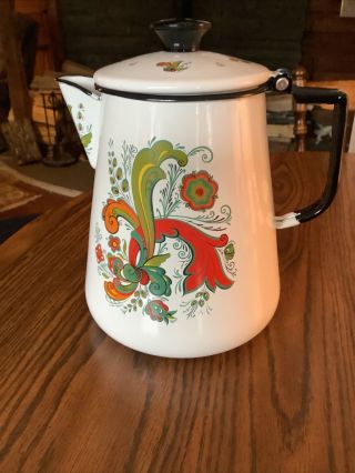 Vintage Swedish Enamel Coffee Pot Berggren W/attached Lid Large Tole Rosemaling