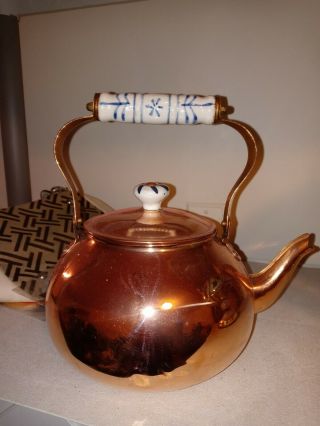 Vintage Hand Hammered Copper Tea Pot W/ Ceramic Handle And Top