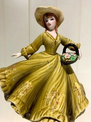 Lefton Vintage Ceramic Lady Figurine With Flower Basket Planter Green