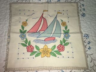 Vintage Embroidered Pillow Cover Sailboats Ocean Nautical Floral