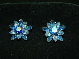 Vintage Signed Beau Jewels Blue Aurora Borealis Rhinestone Clip On Earrings