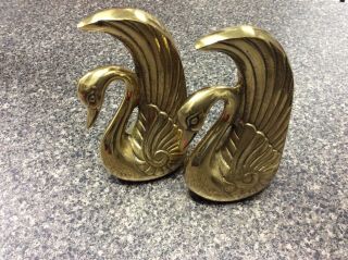 Vintage Art Deco Shiny Brass Swan Bookends Table Bookcase Decor - 6 "