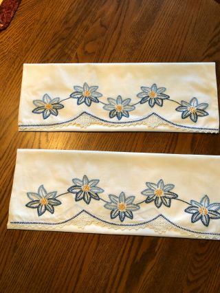 Vintage Hand Embroidered And Crocheted Pillowcase Pair Blue Flowers