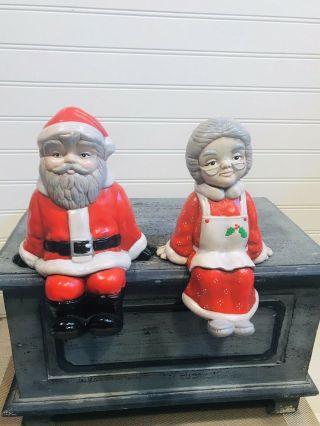 Vintage Hand Painted Mr.  & Mrs.  Santa Claus Ceramic Shelf Sitters - 8 Inch