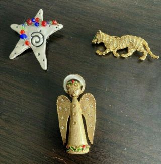 Christmas Set Of 3 Vintage Pins: Angel,  Tiger,  Star Brooches Rhinestones Beads