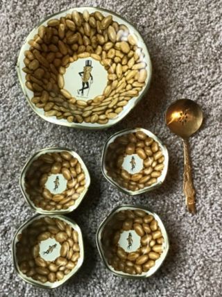 Vintage 1940’s Planters Mr.  Peanut Tin Plate Set 5pieces Serving Bowl Plus Spoon