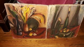 Vintage Pair Mid - Century Modernist Expressionist Still Life Oil Paintings
