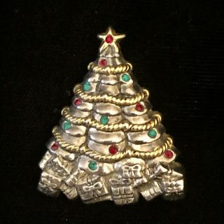 Vintage Signed " Best " Jeweled Christmas Tree Brooch Pendant Pin Silver Tone