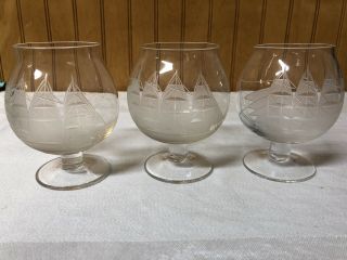 Vintage Brandy Snifter Etched Glass Tall Ship Nautical Theme